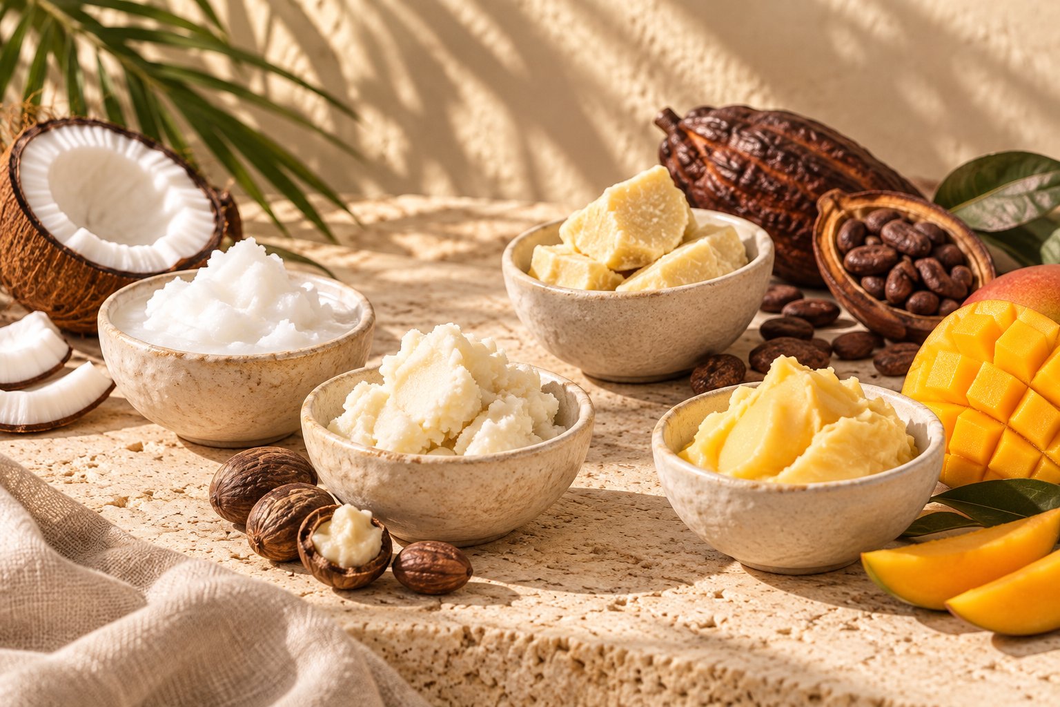 Coconut, shea, cocoa and mango butters on natural stone
