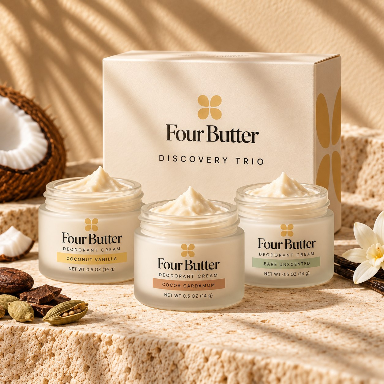 Four Butter Discovery Trio cream jars and packaging